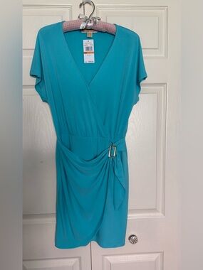 NWT Michael Kors Turquoise Sleeveless Faux-Wrap Dress Gold Buckle - Size S